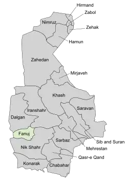 Location of Fanuj County in Sistan and Baluchestan province