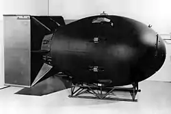 Image 31The first nuclear weapons were gravity bombs, such as this "Fat Man" weapon dropped on Nagasaki, Japan. They were large and could only be delivered by heavy bomber aircraft (from Nuclear weapon)