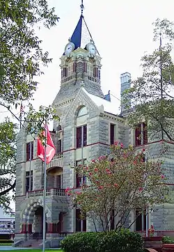 The Fayette County Courthouse in La Grange, between Houston and Austin, was finished in 1891. The Romanesque Revival building uses four types of native Texas stone to detail the exterior.