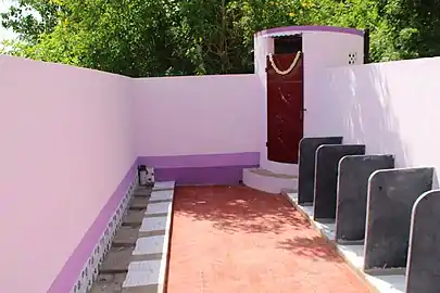 Squatting urinals (in the ground) for female students at Government Middle School in Peramathur, Cuddalore District, Tamil Nadu, India. The urinals on the right side have privacy partitions and are used by older girls.