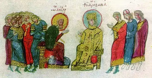 Empress Theodora and monk Lazarus the iconographer.