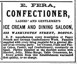 Advertisement for Fera's Ice Cream & Dining Saloon, 1868