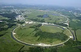 Fermilab's accelerator rings. The main injector is in the foreground, and the antiproton ring and Tevatron (inactive since 2011) are in the background.