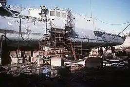 Samuel B. Roberts in a dry dock in Dubai, UAE for temporary repairs.