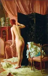 Nude behind folding screen, location unknown.