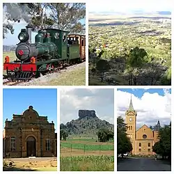 Clockwise from top: Beira Railway, View of Ficksburg, Ficksburg NG Church, Soutkop Hill, an old building in Ficksburg.