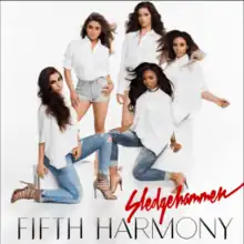 Shot of Fifth Harmony dressed in white. The single's name and the artists are written in red and platinum color, respectively.