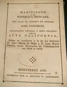 Image 31The 1835 Manifiesto a la República Mejicana, by José Figueroa, was the first book published in California (from Culture of California)