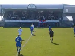 A football game with players and a referee. A stand full of people in the background