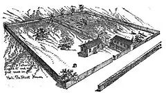 Drawing of the first Catholic church in St. Louis showing a small building and a lot