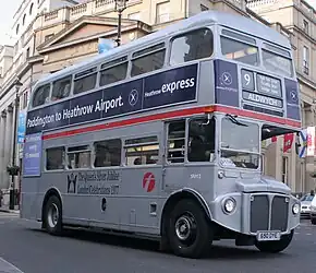 One of the twenty-five London Routemaster buses painted silver to commemorate the Silver Jubilee