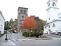 First Parish is at the rear, while the white church to the right is the Church of the Pilgrimage