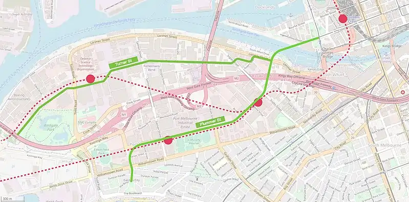 Map showing the two proposed extensions of the tram network through Fishermans Bend