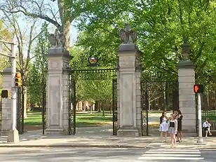 Undergraduates avoid exiting the central gate, instead using the flanking gates