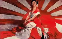 Postcard of a Japanese woman draped in the rising sun flag of Japan (1910).