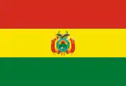 Horizontal tricolor (red, yellow, and green from top to bottom) with the coat of arms of Bolivia in the center