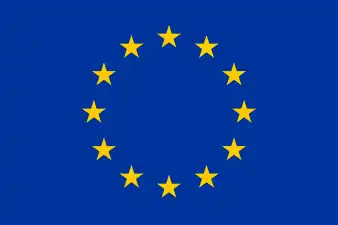 Flag of Europe of 
European Atomic Energy Community
 Europæiske Atomenergifællesskab (Danish)
   Europese Atoomenergie Gemeenschap (Dutch)
   Communauté européenne de l'énergie atomique (French)
   Europäische Atomgemeinschaft (German)
   Ευρωπαϊκή Κοινότητα Ατομικής Ενέργειας (Greek)
   Comunità europea dell'energia atomica (Italian)
   Comunidade Europeia da Energia Atómica (Portuguese)
   Comunidad Europea de la Energía Atómica (Spanish)
   Comunitatea Europeană a Energiei Atomice (Romanian)