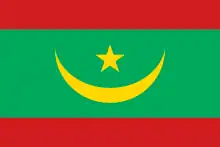 The flag of Mauritania, a charged horizontal triband.