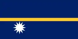 The flag of Nauru, a charged horizontal triband.