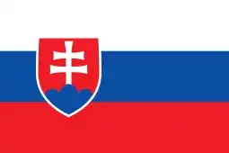 The flag of Slovakia, a charged horizontal triband.