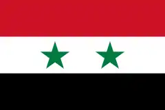 The flag of Syria, a charged horizontal triband.