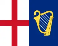 A flag of the Commonwealth flown by the Admiral, Vice-Admiral, and Rear-Admiral. On 5 March 1649 the Council ordered "that the Flagg that is to be borne by the Admiral, Vice-Admiral, and Rere-Admiral be that now presented, viz., the Armes of England [Red St. George Cross on white] and Ireland [gold harp on blue] in two severall Escotcheons in a Red Flagg, within a compartment."