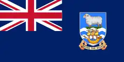 Blue Ensign with Union Flag in the canton and the Falkland Islands coat of arms in the fly.