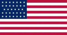 The flag of the United States of America from 1861 to 1863, with 34 stars for all the 34 states. In 1863 a 35th star was added to represent the new state of West Virginia (the loyal northwestern counties of Virginia), and in 1864 a 36th star for Nevada (previously the Nevada Territory)