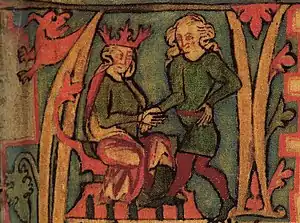 Harald Fairhair of Norway receiving the kingdom of Norway from his father, Halfdan the Black.