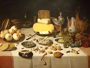 Dutch banquet with cheese, bread, nuts and fruit