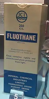 Image 35Exhibit of ICI's Fluothane (Halothane), discovered at Widnes, at Catalyst Science Discovery Centre, near Spike Island in Widnes (from North West England)