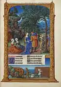 The miracles of the palm tree and corn on the Flight into Egypt, from a book of hours, c. 1400