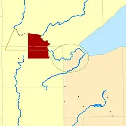 Fond du Lac Indian Reservation. (1854-1858 reservation shown in orange outline. 1858-present reservation shown in dark red.) Original core Fond du Lac Band area closer to the mouth of the Saint Louis River before relocation to the reservation shown in green.