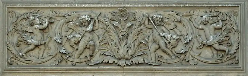 Renaissance Revival rinceaux with putti of the Fontaine Saint-Michel, Place Saint-Michel, Paris, designed by Gabriel Davioud, 1858-1860