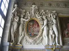 The elaborate stucco (plaster) reliefs decorating the Chateau de Fontainebleau were hugely influential. Low-relief decorative frieze above