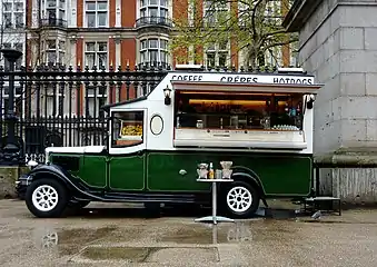 A food truck in London that purveys hot dogs, crêpes, and coffee