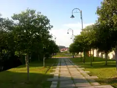 A tree-lined footpath with a cluster of Bukit Jelutong bungalows in the distance.