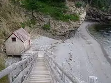 Reproduction of a traditional salt cod fishery installation created for the 1998 TV series, "L'ombre de l'épervier"