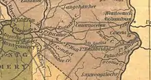 Fort Decatur (located in the center) as portrayed in Henry Schenck Tanner's 1830 The Traveler's Pocket Map of Alabama.