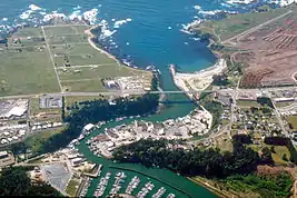 aerial photo of mouth of Noyo River including Noyo Harbor