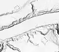 2017 LiDAR hillshade of Fort Decatur (in the lower right) and Fort Burrows (upper left), with the Tallapoosa River in the center of the image.