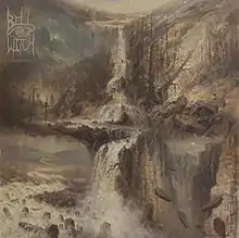 A gloomy, washed-out painting of waterfalls in a bleak landscape