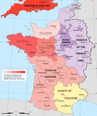 A coloured map of medieval France, showing the Angevin territories in France