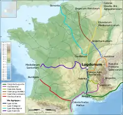 Map of Gaul, showing the route of the Via Domitia, connecting Italy and Spain