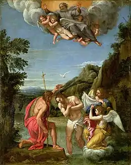 Image 26God the Father (top), and the Holy Spirit (represented by a dove) depicted above Jesus. Painting by Francesco Albani (d. 1660) (from Trinity)