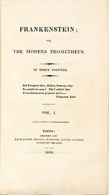 The title page for the original pressing of Frankenstein.