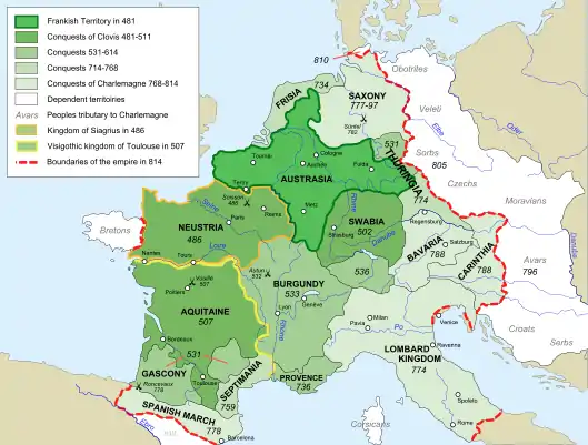 Map of the Merovingian Austrasia kingdom (darkest green), Metz was its capital from 511 to 751.