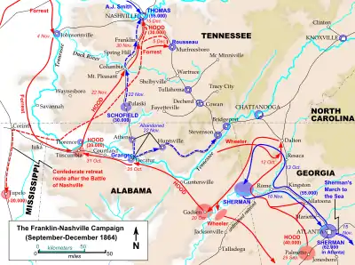 Map shows the Franklin-Nashville campaign, with Union forces in blue and Confederate forces in red.