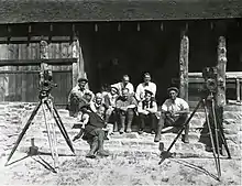 Gabourie - center - flanked by Phyllis Haver and Buster Keaton (in front of Edward F. Cline) on location for The Balloonatic (1923)