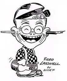 Caricature of Fred Lasswell, featuring Snuffy Smith peeking out from inside Lasswell's head